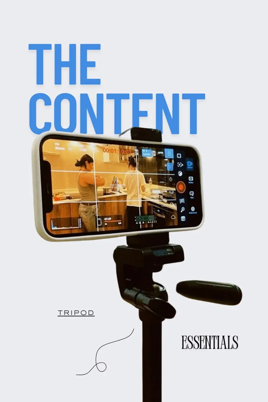 Phone mounted on a tripod, framing a kitchen scene for content recording