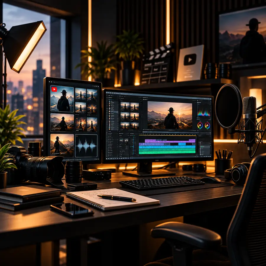 Editor's multi-monitor setup with timeline, color tools, and microphone